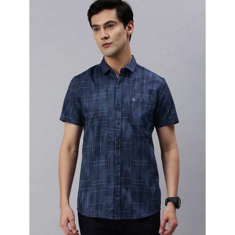 CP BRO Men Cotton Half Sleeve Printed Slim Fit Polo Neck Navy Blue Colour Woven Shirt (L)