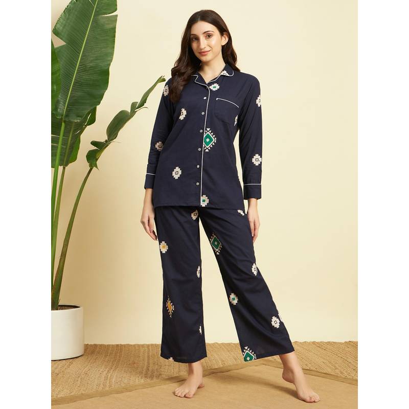 SEPHANI Navy Blue Printed Night Suit (XL)