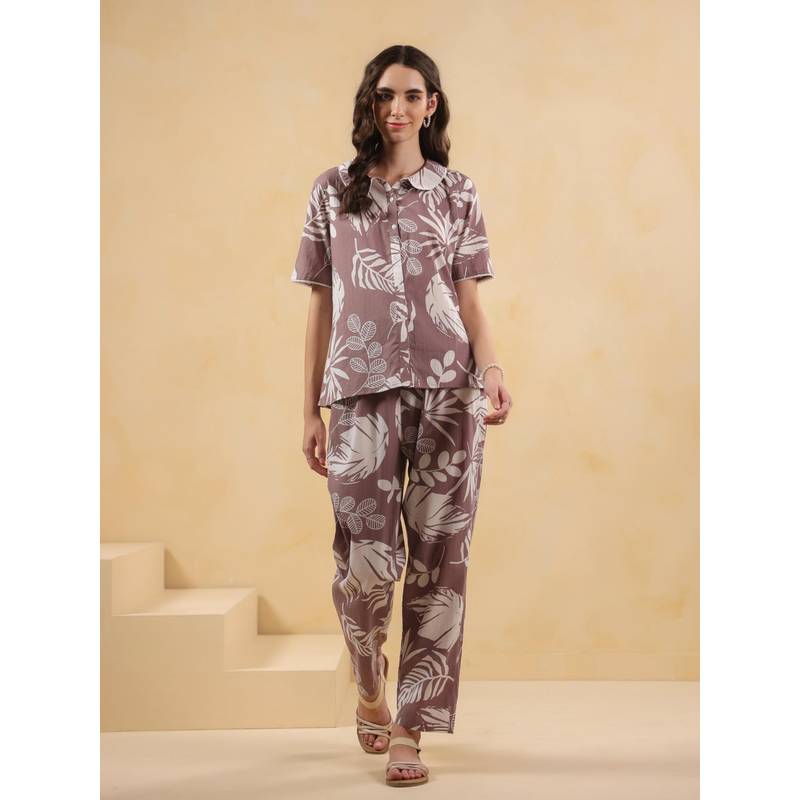 SANSKRUTIHOMES Taupe Floral Print Collar Neck Pure Cotton Night Suit for Women (S)