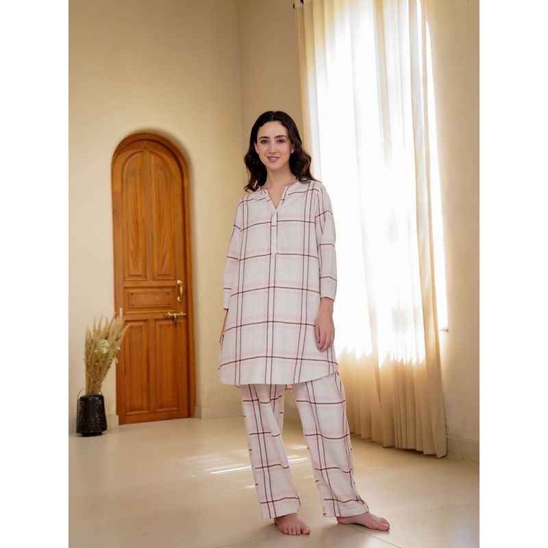 SAY White Stripes Collar Neck Pure Cotton Night Suit for Women (L)