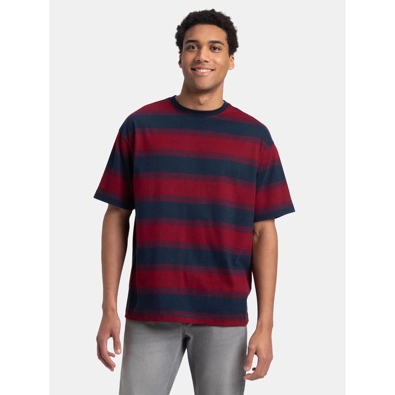 Jockey UM24 Men Cotton Rich Striped Oversized T-Shirt - Deep Red and Navy (S)