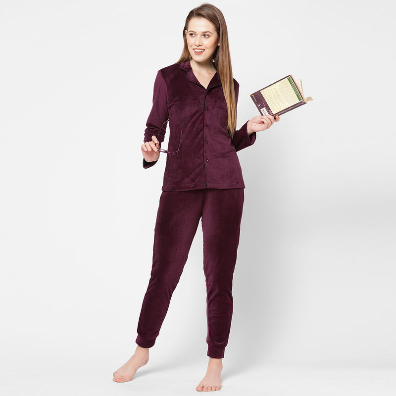 Drape In Vogue Women Wine Velvet Solid Night Suit - Maroon (XL)