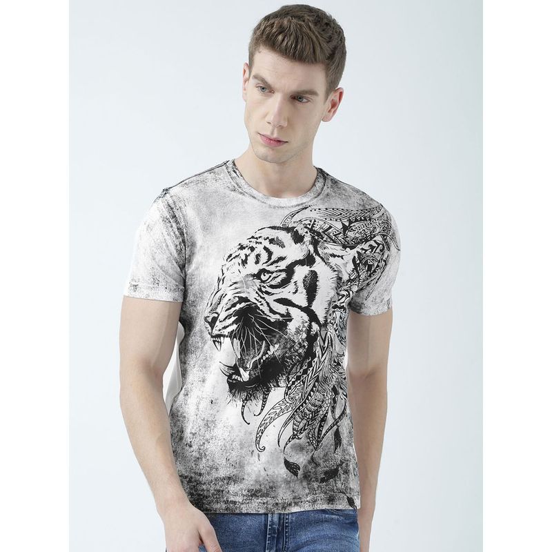 Huetrap Mens Printed Round Neck White T-Shirt (L)