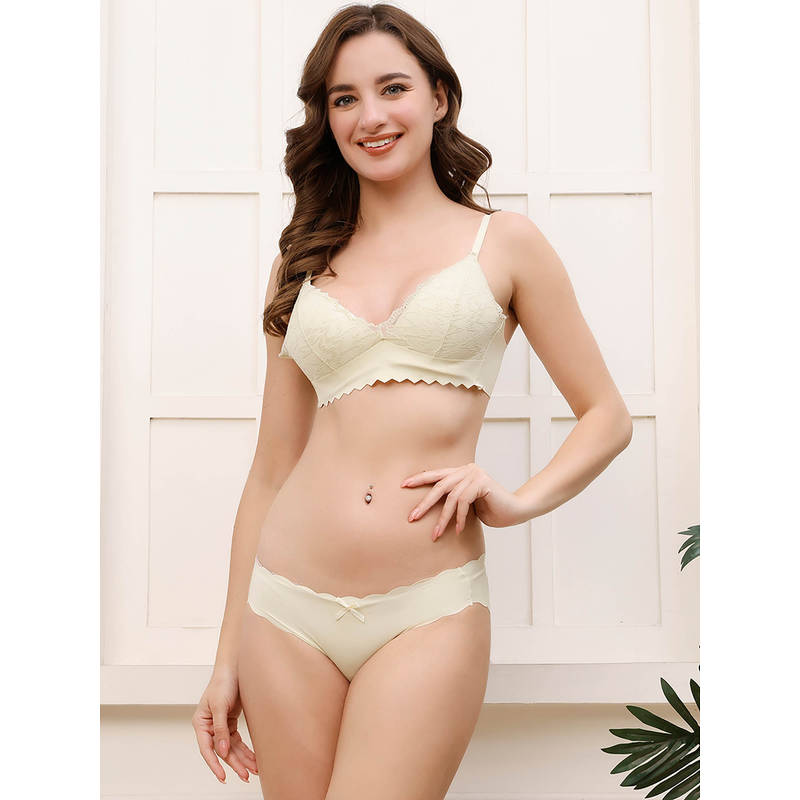 PrettyCat Lightly Padded Non-Wired Floral Lace Bralette Bra Panty Set - Green (30B)