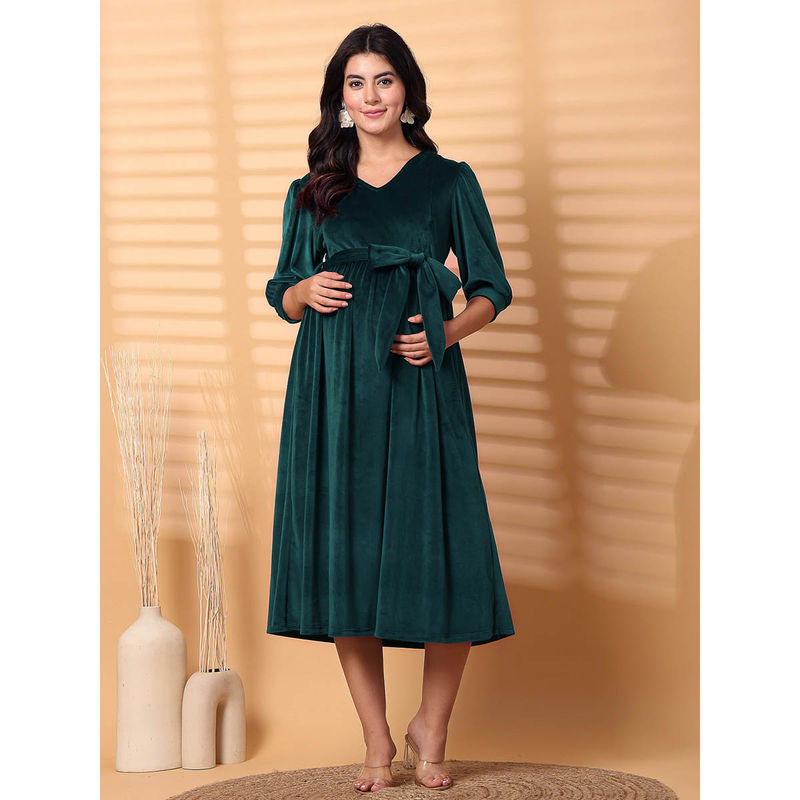 Secret Wish Green Solid Velour Maternity Dress Calf Length (M)