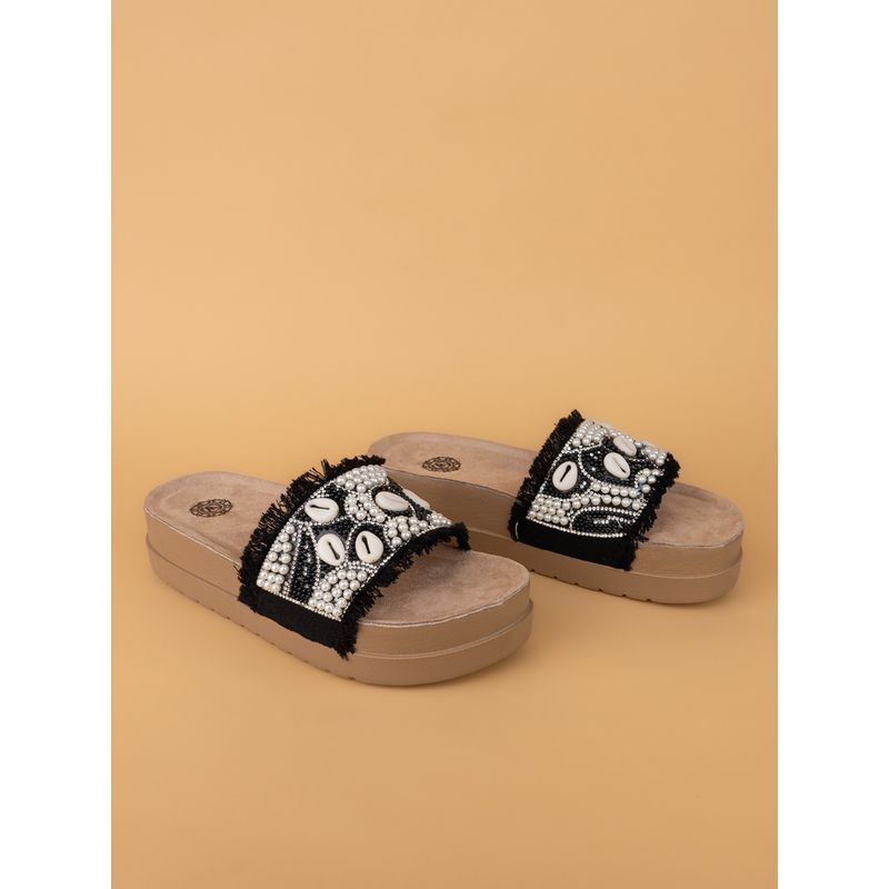 Alberto Torresi Womens Pearl and Shell Black Embellished Slip-On Sandals (UK 3)