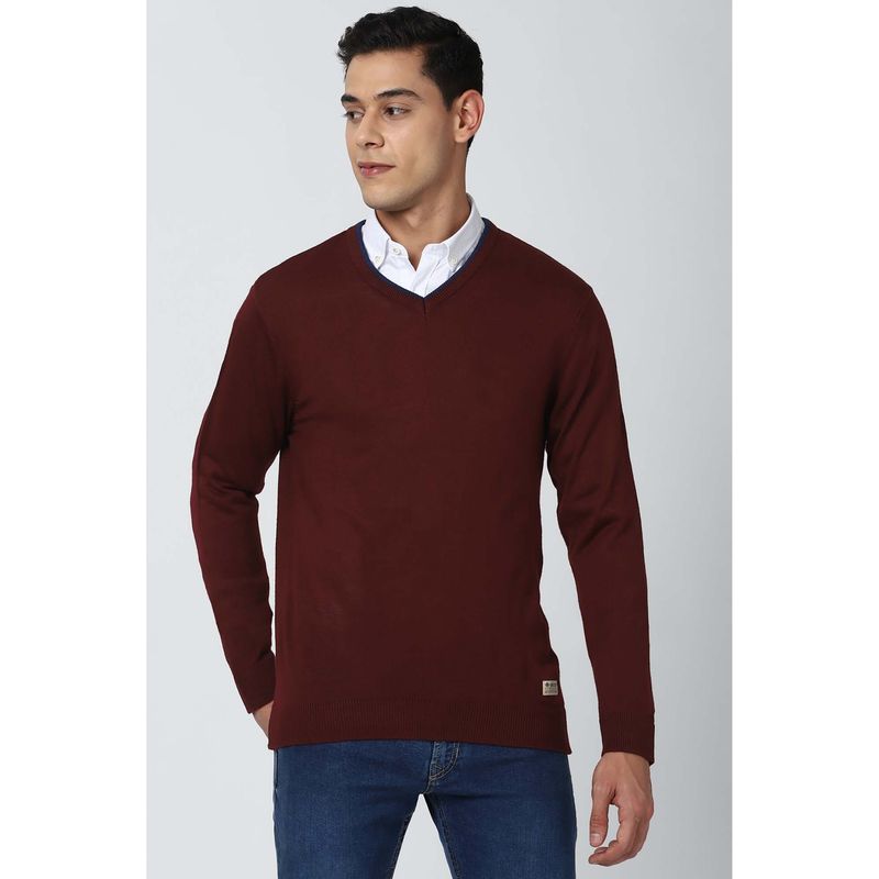 Peter England Maroon Solid V-Neck Sweater (L)
