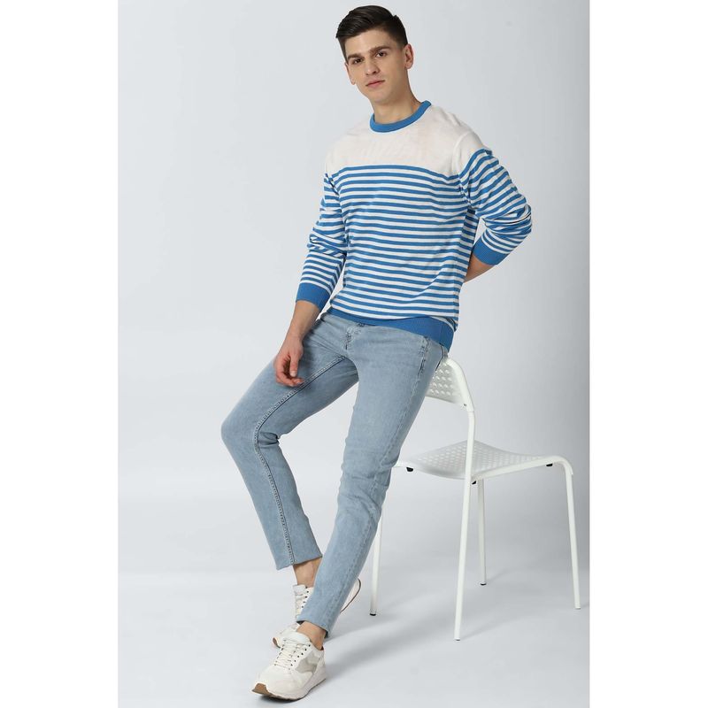 Peter England Blue Stripes Round Neck Sweater (S)