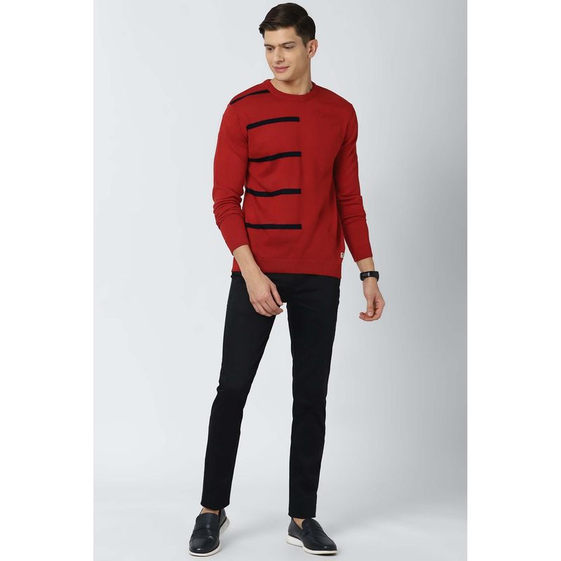 Peter England Red Stripes Round Neck Sweater (S)