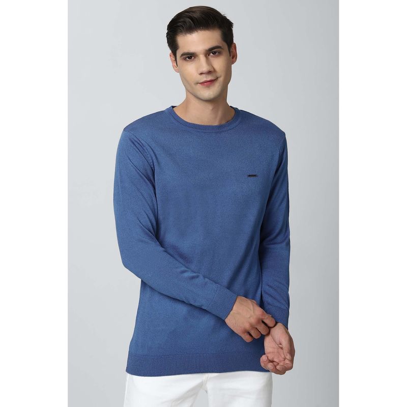 Peter England Blue Solid Round Neck Sweater (S)