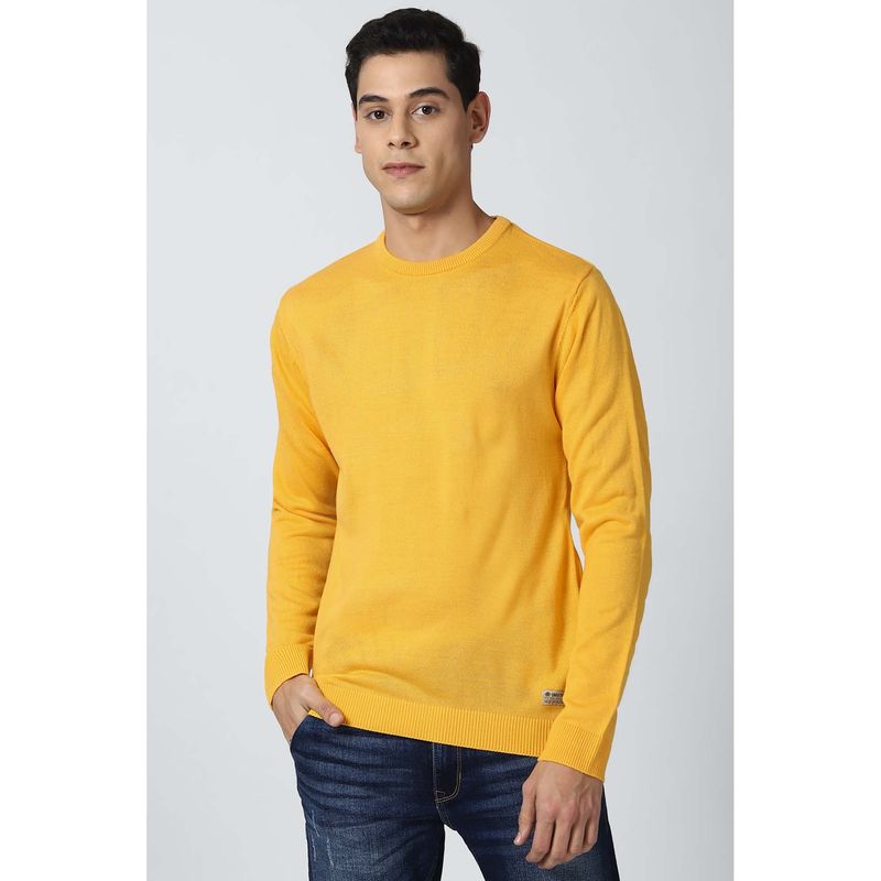Peter England Yellow Solid Round Neck Sweater (L)