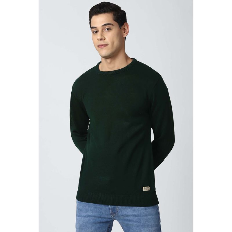 Peter England Green Solid Round Neck Sweater (XL)