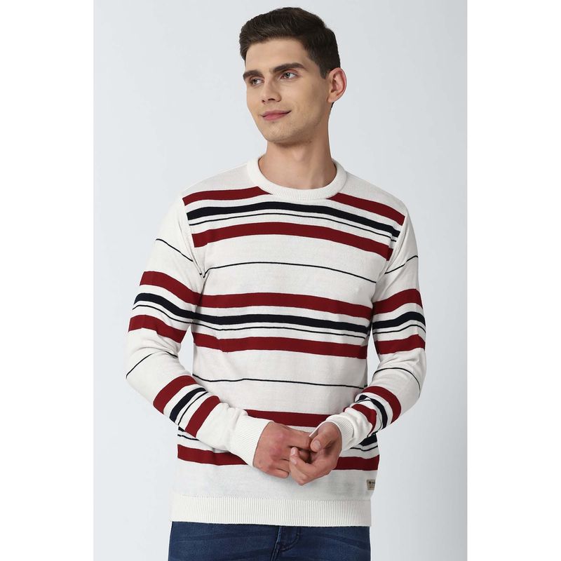 Peter England White Stripes Round Neck Sweater (M)