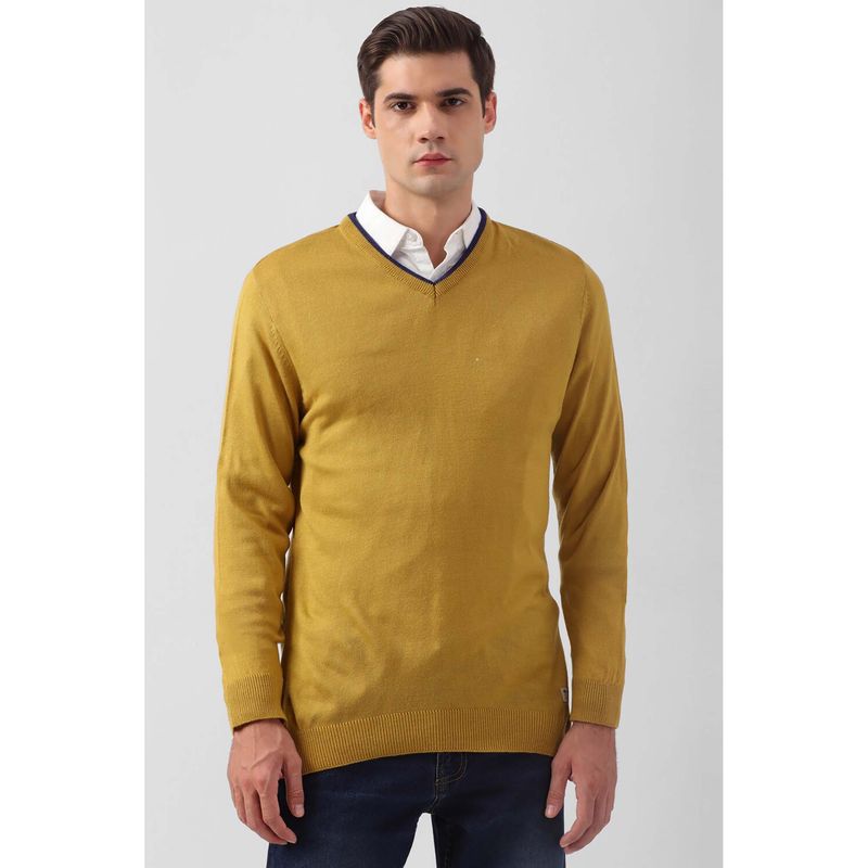 Peter England Yellow Solid V-Neck Sweater (S)