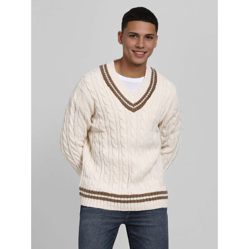 American Eagle White Textured V-Neck Sweater (XL)