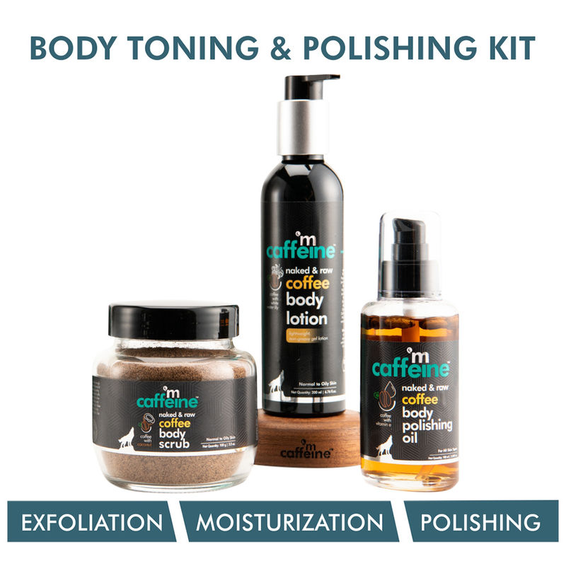MCaffeine Body Toning & Polishing Kit - Coffee Body Massage Oil, Exfoliating Body Scrub & Body Lotion