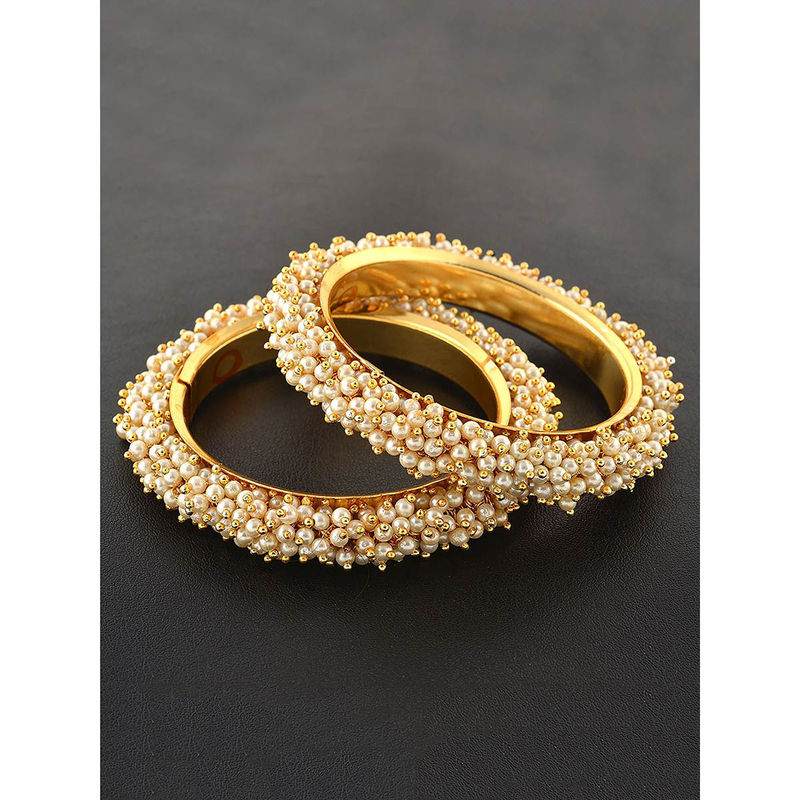 ZENEME Gold Plated Intricate Design Textured White Pearl Bangles for Women (2.8)
