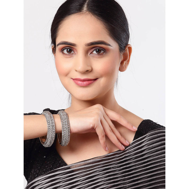 ZENEME Silver Plated Oxidised Textured Bangles for Women (2.8)