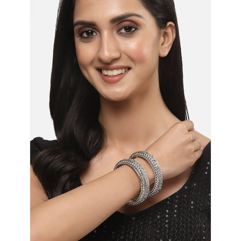 ZENEME Silver Plated Oxidised Textured Bangles for Women (Pack of 4) (2.4)
