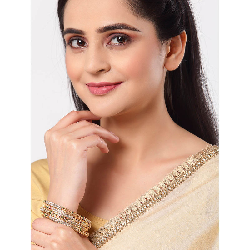 ZENEME Gold-Plated Crystal Studded Meenakari Textured Bangles for Women (Pack of 4) (2.4)