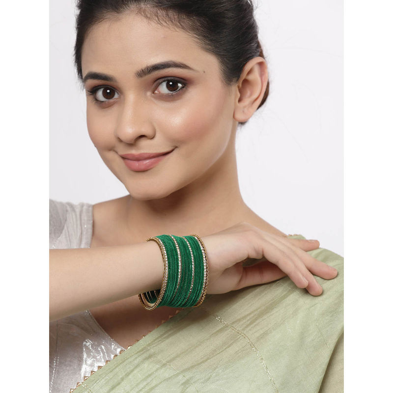 ZENEME Gold-Plated CZ Studded Green Velvet Bangles for Women (Set of 18) (2.4)