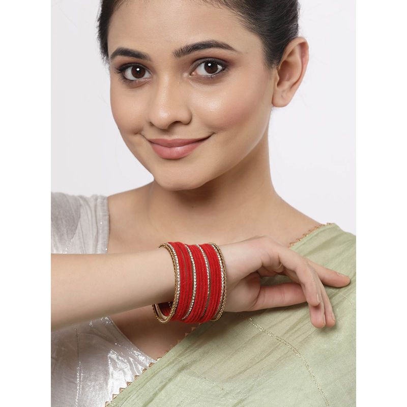 ZENEME Gold-Plated CZ Studded Red Velvet Bangles for Women (Pack of 18) (2.4)