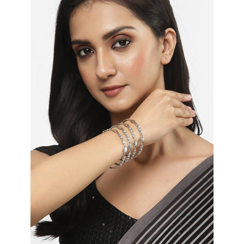 ZENEME Silver Plated Oxidised CZ Studded Bangles for Women (Pack of 4) (2.8)