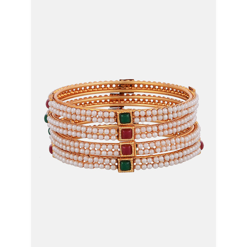 ZENEME Gold-Plated Pearls With Cubic Zirconia Studded Bangles (Set of 4) (2.4)