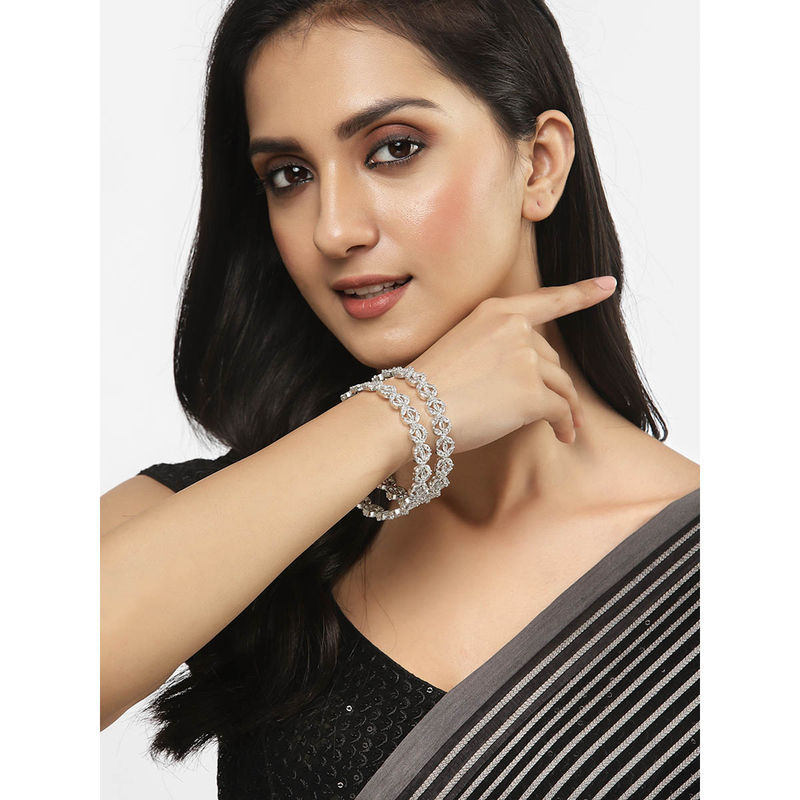 ZENEME Rhodium Plated American Diamond Studded Bangles for Women & Girls (2.6)