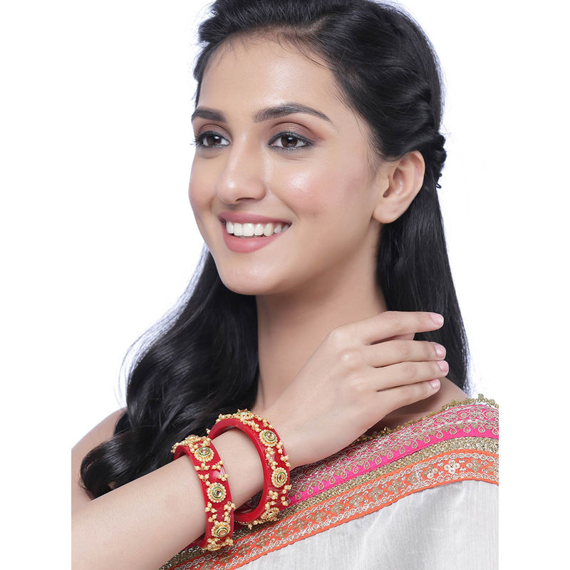 ZENEME Pearl & Kundan Engraved Premium Synthetic Bangles for Women & Girls (2.4)