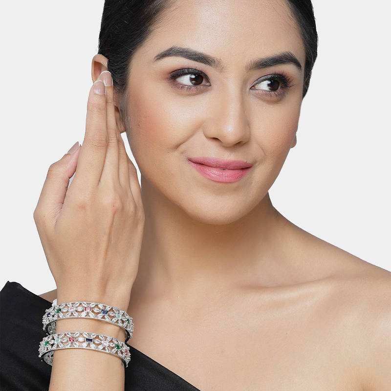 ZENEME Rhodium Plated Silver Multicolour American Diamond Bangles for Women (2.4)