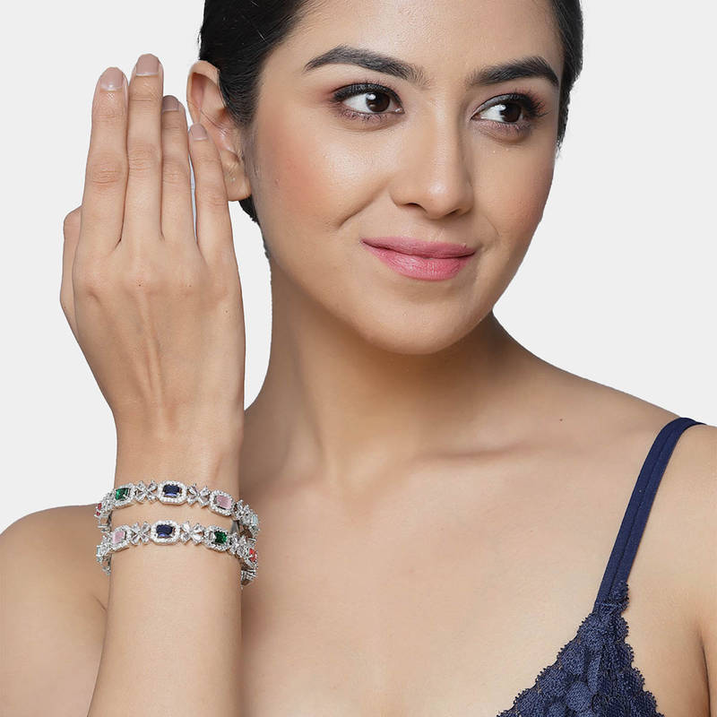 ZENEME Rhodium-Plated American Diamond Crystal Bangles for Women & Girls (2.4)