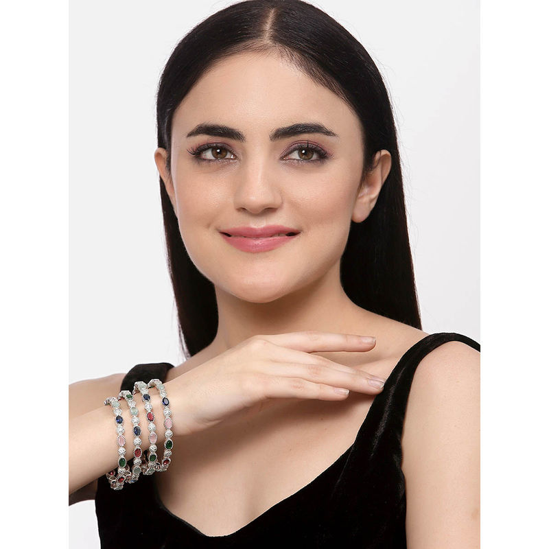 ZENEME Rhodium Plated Silver Multicolour American Diamond Bangles for Women (Pack of 4) (2.8)