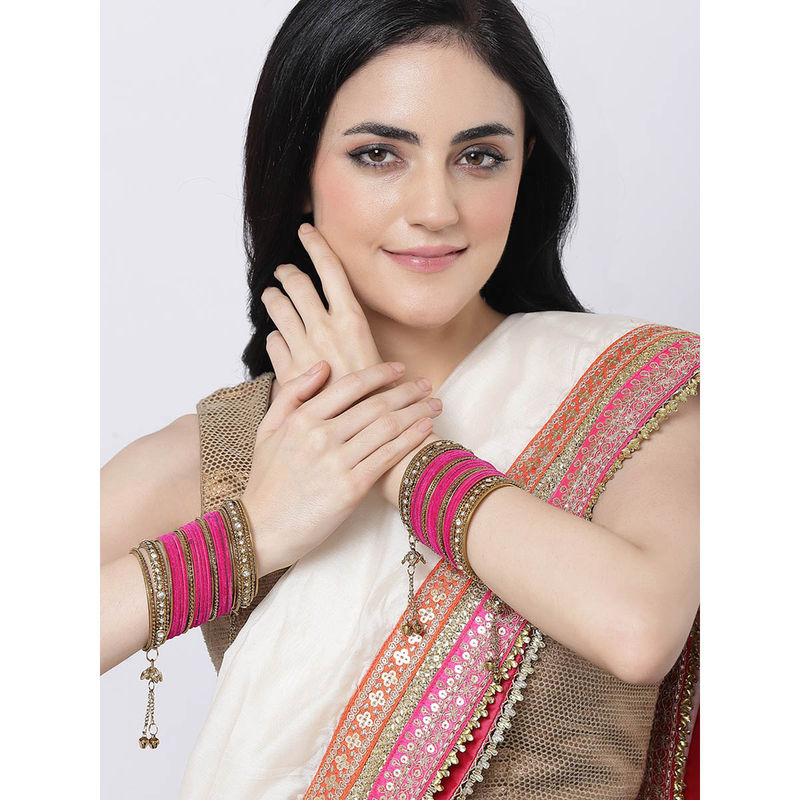 ZENEME Gold-Plated Matte Finish Pink Velvet CZ Studded Bangles for Women (Pack of 56) (2.4)
