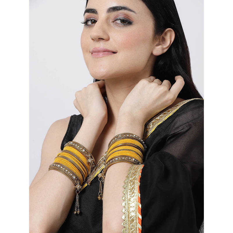 ZENEME Gold-Plated Matte Finish Yellow Velvet CZ Studded Bangles for Women (Set of 56) (2.4)