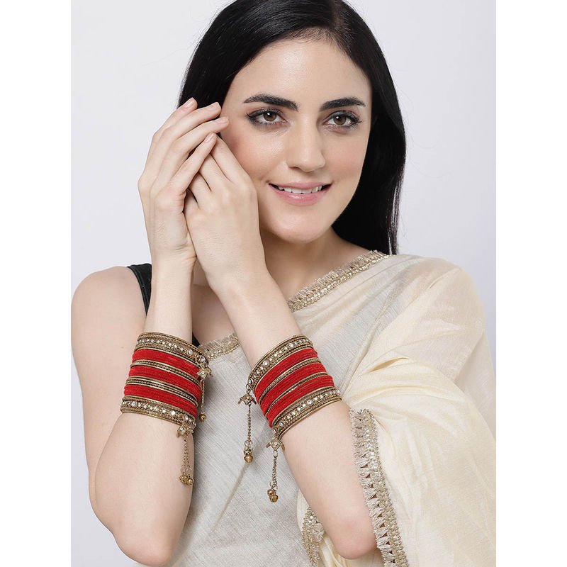 ZENEME Gold-Plated Matte Finish Red Velvet CZ Studded Bangles for Women (Pack of 56) (2.6)