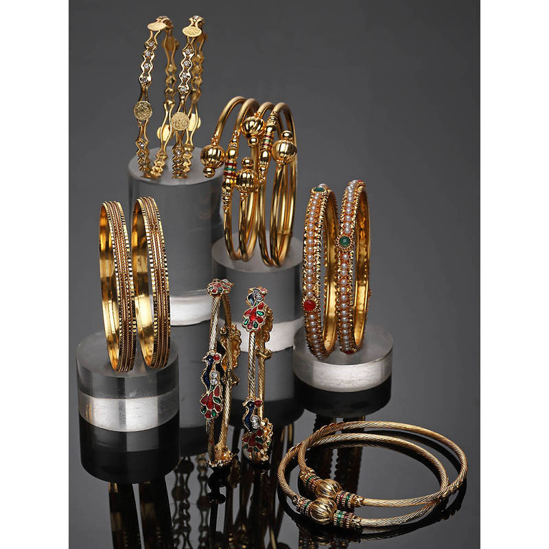 ZENEME Gold-Plated & Gold Toned Stone & Pearl Studded Bangles for Women (Set of 6) (2.4)