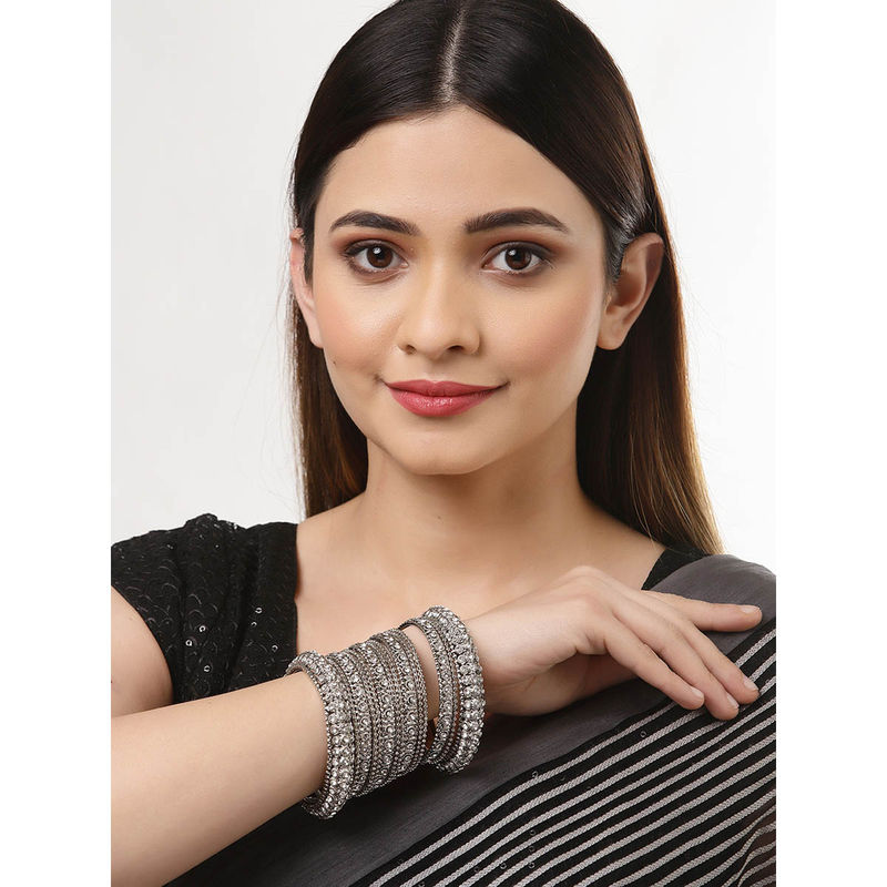ZENEME Silver Plated Oxidised CZ Stone Studded Broad Bangles for Women (Set of 28) (2.4)