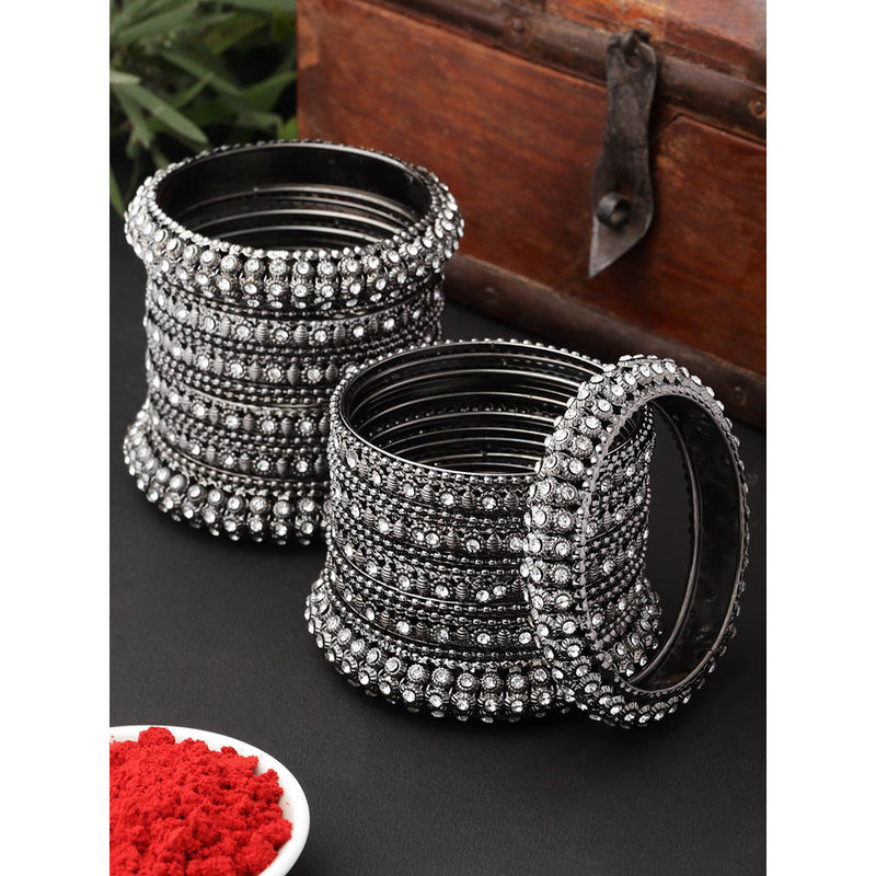 ZENEME Silver Plated Black Tone CZ Stone Studded Broad Bangles for Women (Pack of 28) (2.8)