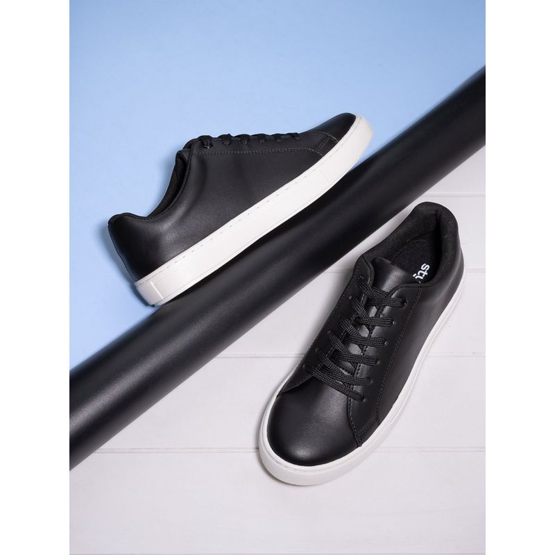 Styli Mens Black Pu Leather Accent Converse Sole Low Top Sneakers (EURO 43)