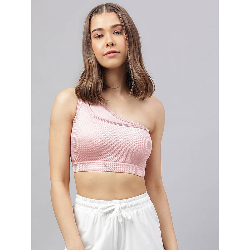 Fitkin Womens Pink Textured Zigzag Detail One Shoulder Sports Bra (S)