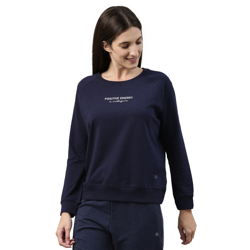 Enamor E079 Women Printed Casual Crew Neck Full Sleeve Cotton Sweatshirt Blue (L)