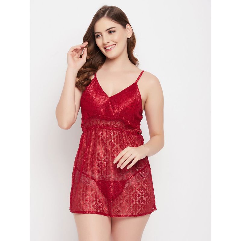 Clovia Sheer Babydoll With G-String In Red- Lace (M)