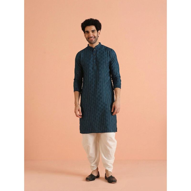 KISAH Men's Blue Silk Blend Checks Kurta with Dhoti (38)
