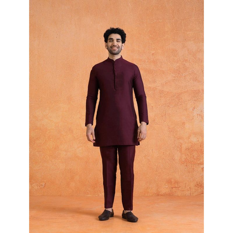 KISAH Men's Wine Silk Blend Sequin Mid Kurta with Jacket & Trouser (38)