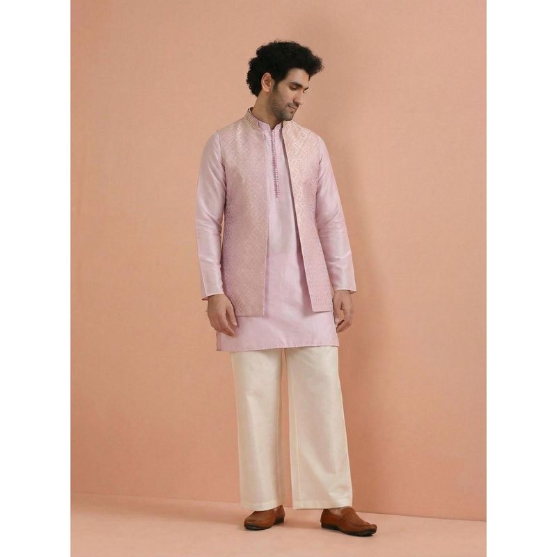 KISAH Men's Lilac Jacquard Mid Kurta with Nehru Jacket & Straight Leg Trouser (42)