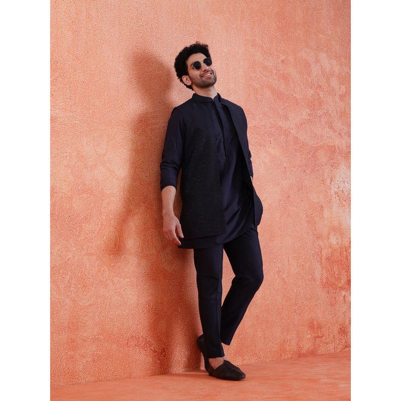 KISAH Men's Blue Silk Blend Sequin Mid Kurta Front Kurta with Jacket & Trouser (38)