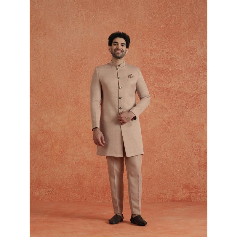 KISAH Men's Beige Polyviscose Solid Indowestern Sherwani with Trouser (40)