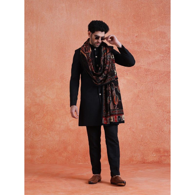 KISAH Men's Black Polyviscose Solid Sherwani & Trouser With Velvet Dupatta (38)
