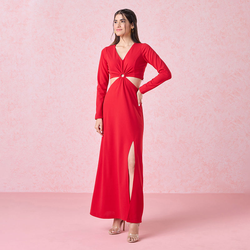 Twenty Dresses by Nykaa Fashion Red V Neck Cut Out Gown (S)